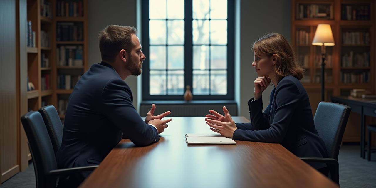 Un colloquio professionale in uno studio istituzionale, atmosfera calma e analitica